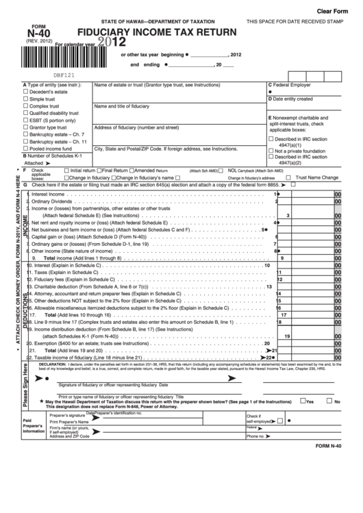 Fillable Form N-40 - Fiduciary Income Tax Return - 2012 Printable pdf
