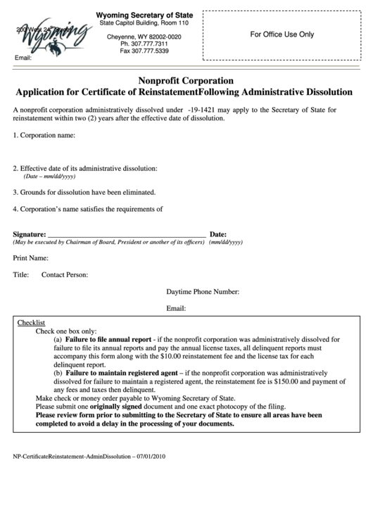 Fillable Application For Certificate Of Reinstatement Following Administrative Dissolution For A Nonprofit Corporation - Wyoming Secretary Of State - 2010 Printable pdf