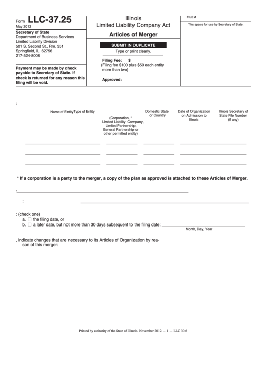 Fillable Form Llc-37.25 - Articles Of Merger - Illinois Secretary Of State Printable pdf