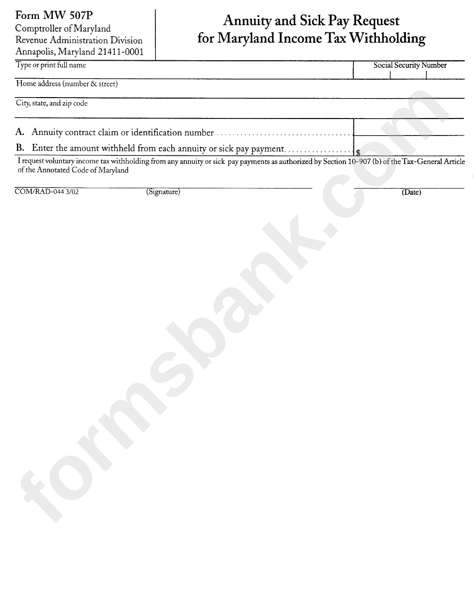 Form Mw 507p - Annuity And Sick Pay Request For Maryland Income Tax Withholding