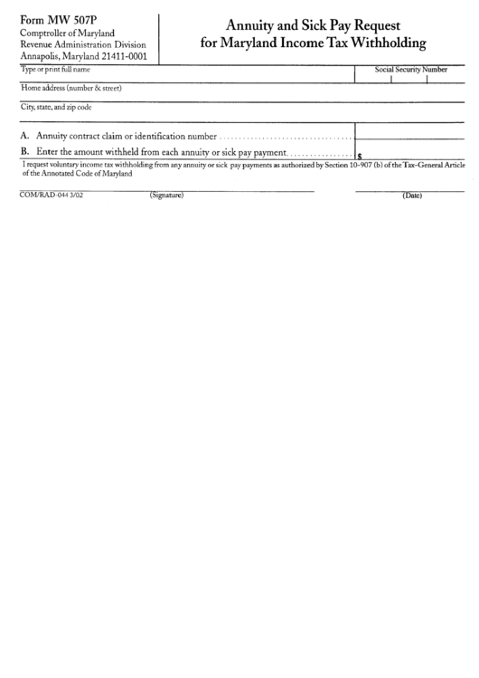 Form Mw 507p - Annuity And Sick Pay Request For Maryland Income Tax Withholding Printable pdf