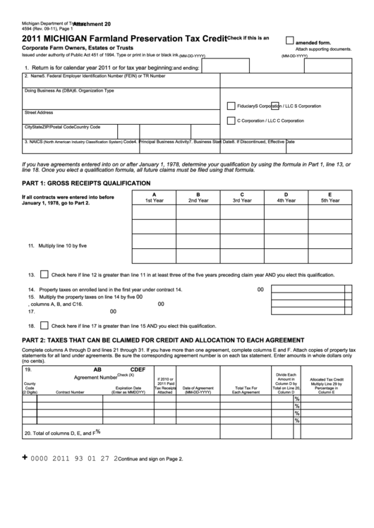 Form 4594 - Michigan Farmland Preservation Tax Credit - 2011 Printable pdf