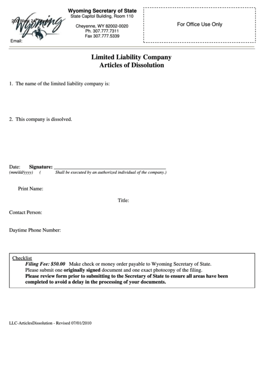 Fillable Articles Of Dissolution For A Limited Liability Company - Wyoming Secretary Of State Printable pdf