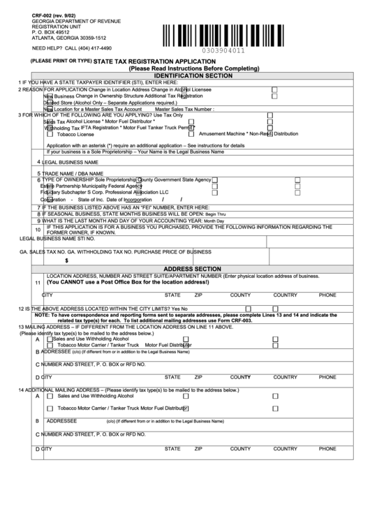 Form Crf-002 - State Tax Registration Application - Georgia Department Of Revenue - 2002 Printable pdf