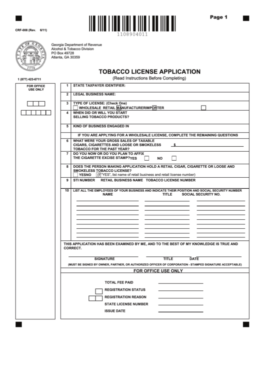 Fillable Form Crf-008 - Tobacco License Application - 2011 Printable pdf