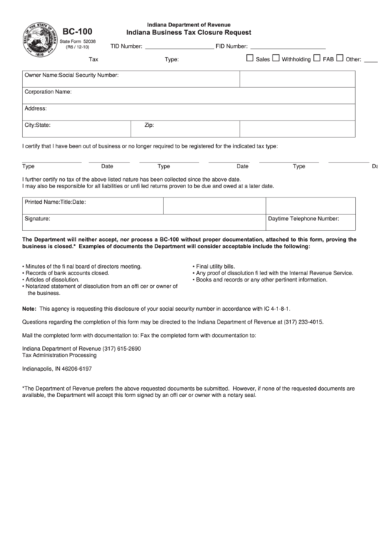 Fillable Form Bc-100 - Indiana Business Tax Closure Request - Indiana Department Of Revenue - 2010 Printable pdf