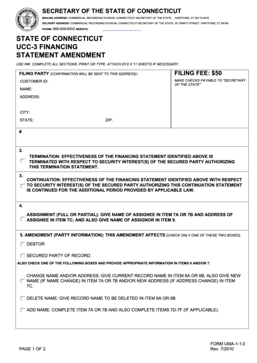 Fillable Form Uma-1-1.0 - Ucc-3 Financing Statement Amendment - 2010 Printable pdf