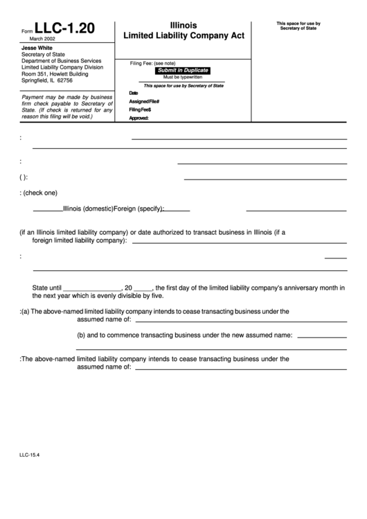 Fillable Form Llc-1.20 - Illinois Limited Liability Company Act - Illinois Secretary Of State Printable pdf