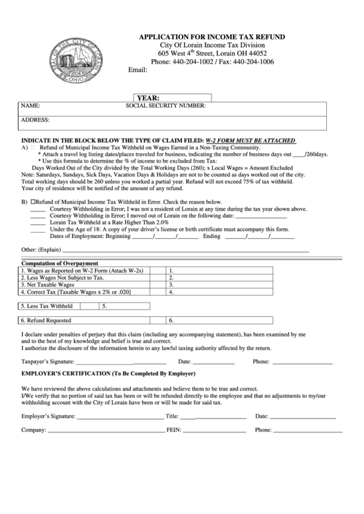 Application For Income Tax Refund - City Of Lorain Income Tax Division Printable pdf