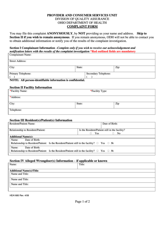 Fillable Form Hea1685 - Complaint Form - Ohio Department Of Health Printable pdf