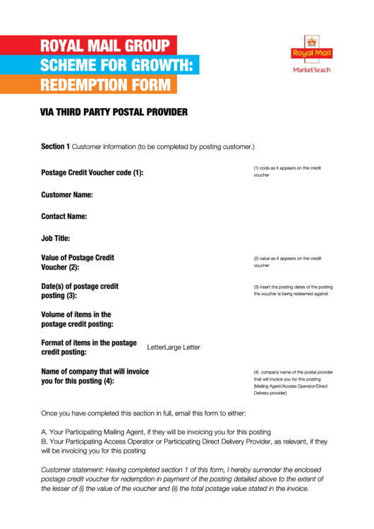 Fillable Redemption Form (Via Third Party Postal Provider) - Royal Mail Group Printable pdf