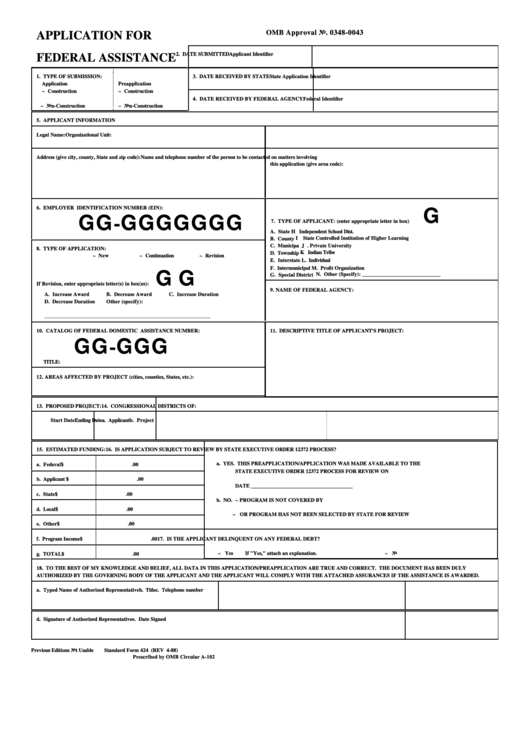 Standard Form 424 - Application For Federal Assistance Printable pdf