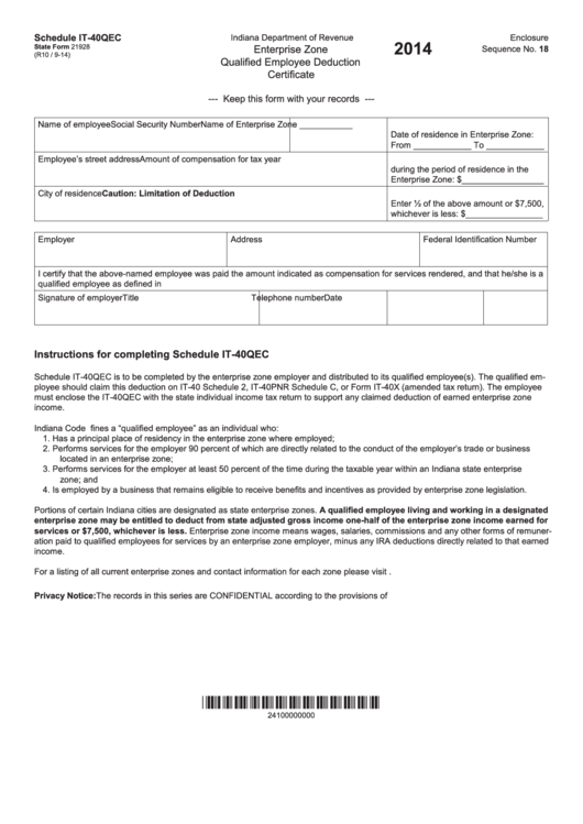 State Form 21928 - Schedule It-40qec - Enterprise Zone Qualified Employee Deduction Certificate - 2014 Printable pdf
