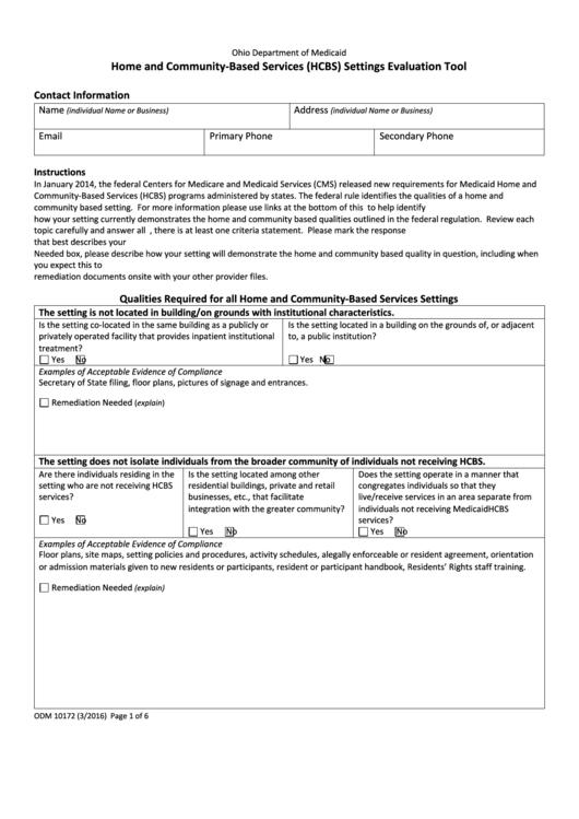 Form Odm 10172 - Home And Community-based Services (hcbs) Settings Evaluation Tool - Ohio Department Of Medicaid
