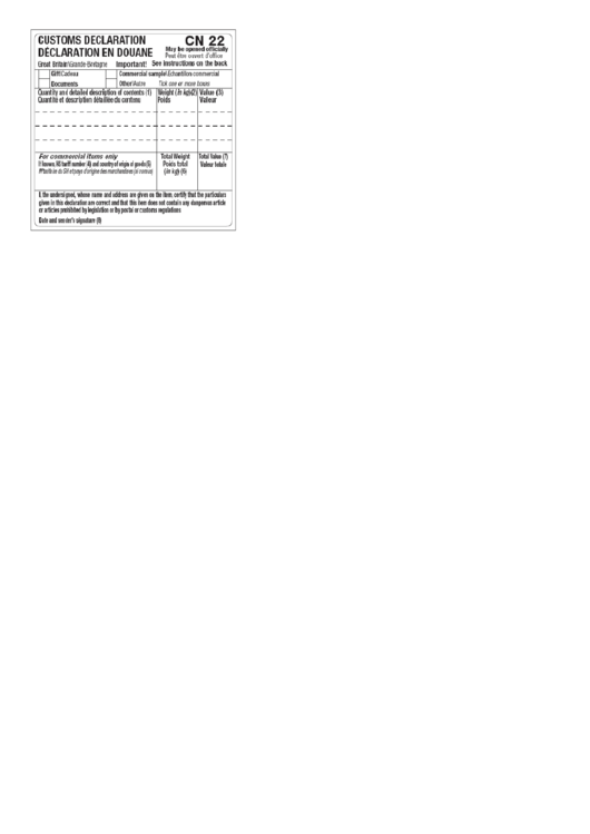 Form Cn 22 - Customs Declaration Printable pdf