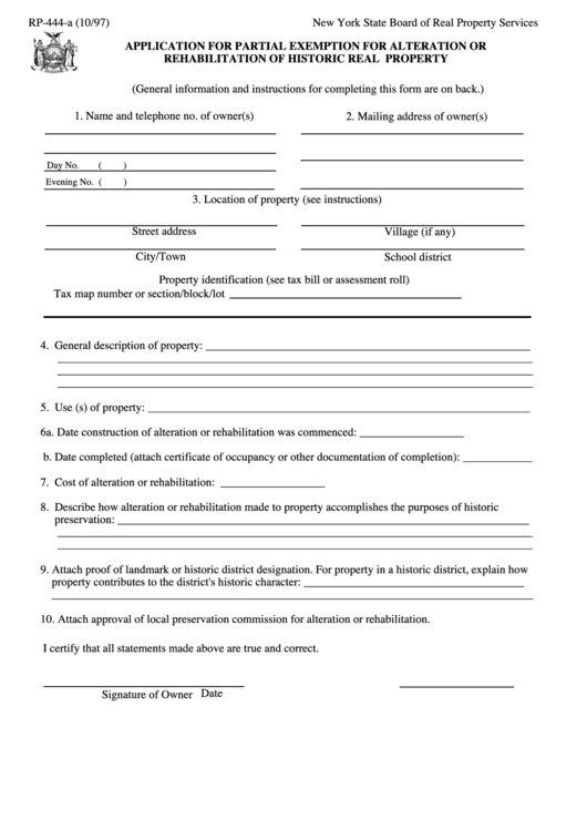 Form Rp-444-A - Application For Partial Exemption For Alteration Or Rehabilitation Of Historic Real Property Printable pdf