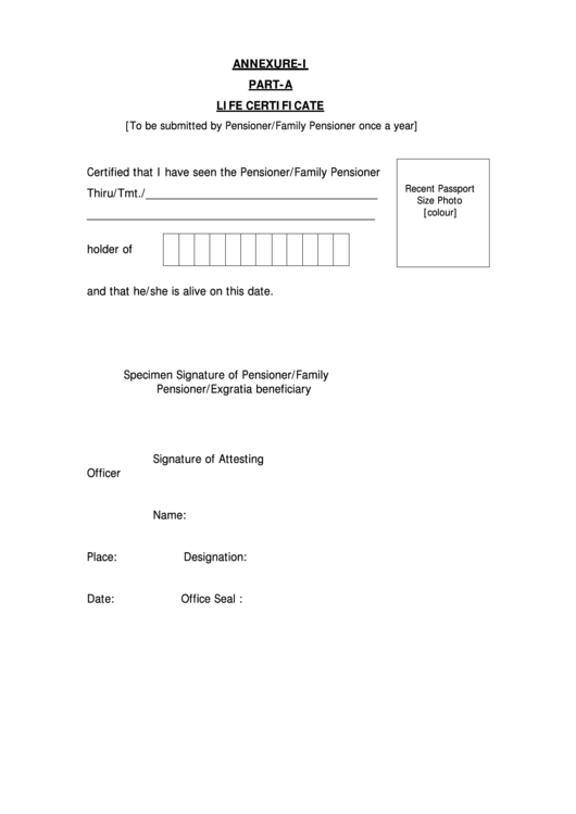 Pensioner/family Pensioner Beneficiary Form - Annexure-I And Annexure-Ii Printable pdf