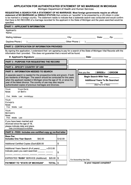 Application For Authenticated Statement Of No Marriage In Michigan - Michigan Department Of Health Printable pdf