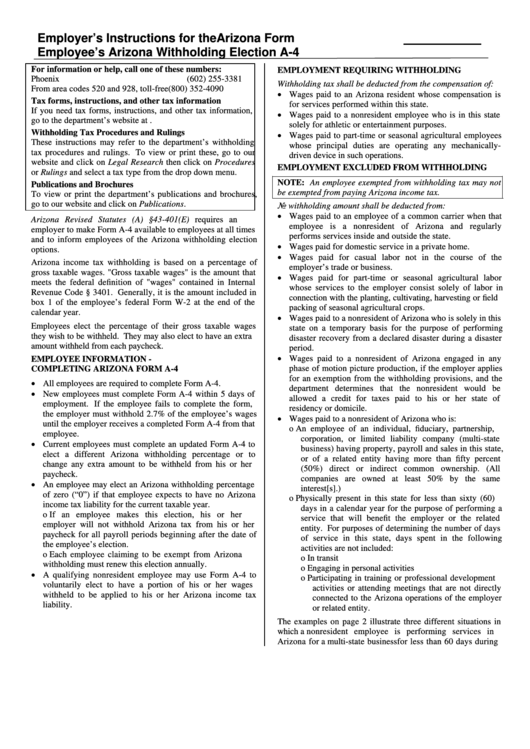 Arizona Form A4 Employer'S Instructions For The Employee'S Arizona