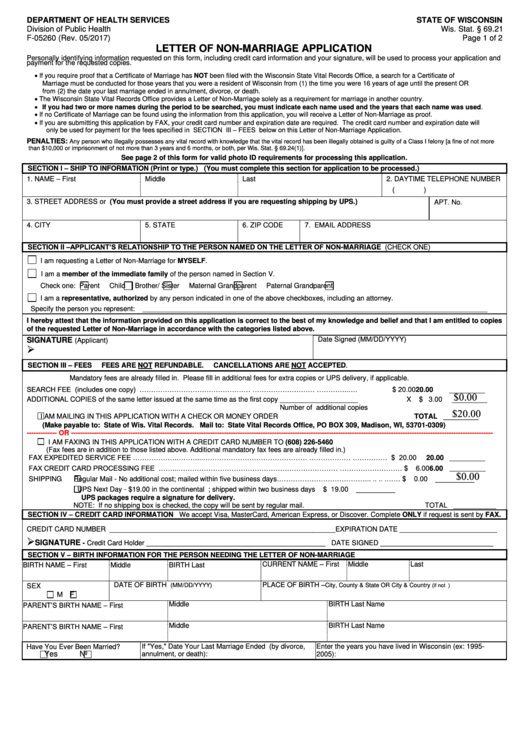 Fillable Form F-05260 - Letter Of Non-Marriage Application - Wisconsin Department Of Health Services Printable pdf