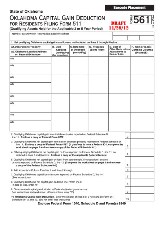 Form 561 Draft - Oklahoma Capital Gain Deduction For Residents - 2012 Printable pdf