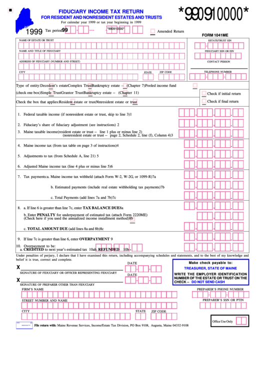 Form 1041me - Fiduciary Income Tax Return For Resident And Nonresident Estates And Trusts - 1999 Printable pdf
