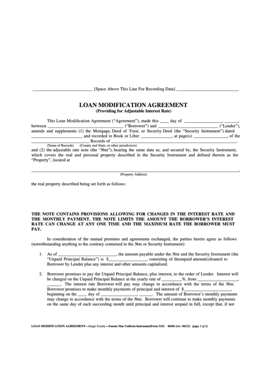 Form 3161 - Loan Modification Agreement Printable pdf