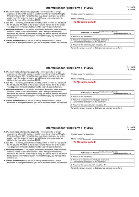 Information For Filing For Form F-1120es Printable pdf