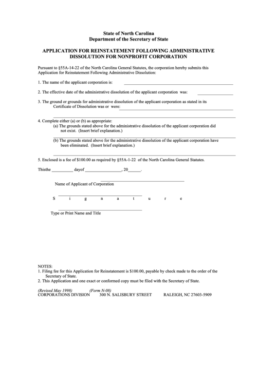 Fillable Form N-08 - Application For Reinstatement Following Administrative Dissolution For Nonprofit Corporation Printable pdf