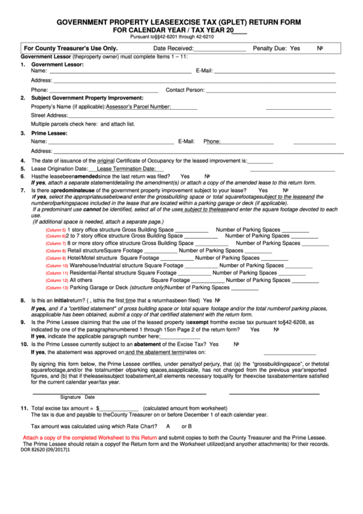 Fillable Form Dor 82620 - Government Property Lease Excise Tax (Gplet) Return Form Printable pdf