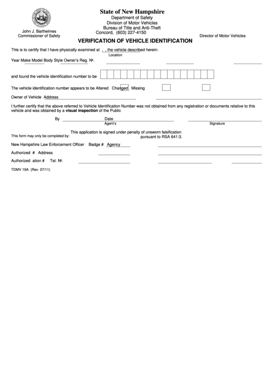 Fillable Form Tdmv 19a - Verification Fo Vehicle Identification Printable pdf
