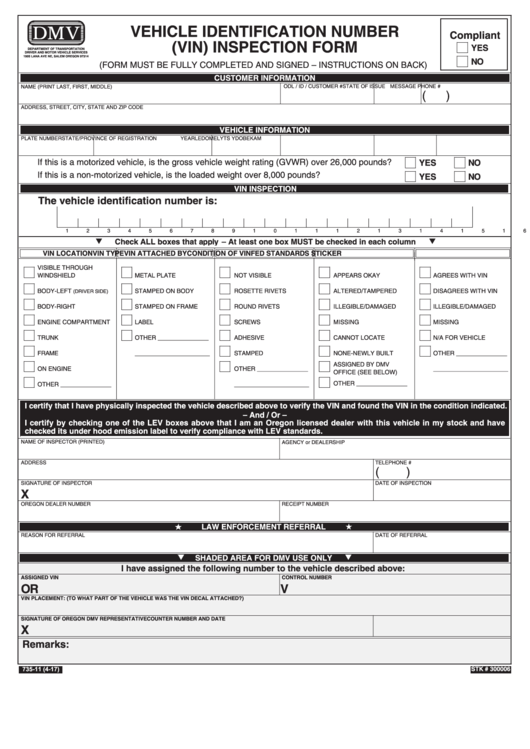 Form 735-11 - Vehicle Identification Number (vin) Inspection Form