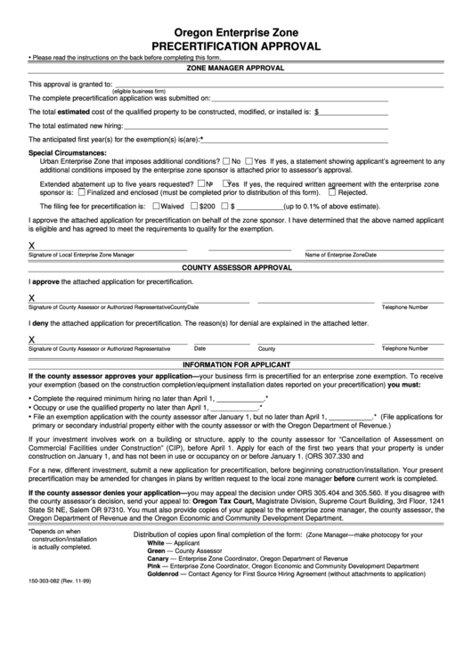 Form 150-303-082 - Oregon Enterprise Zone Precertification Approval - 1999 Printable pdf