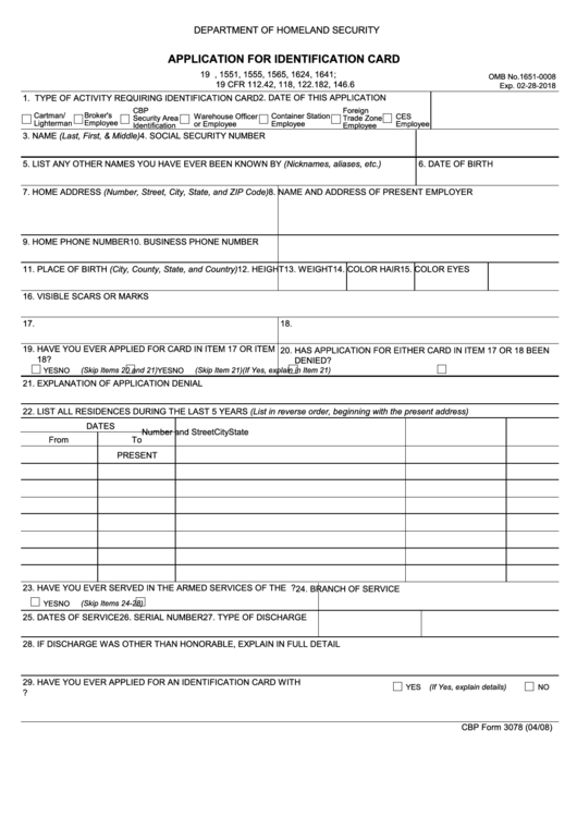 Fillable Cbp Form 3078 - Application For Identification Card - Department Of Homeland Security Printable pdf