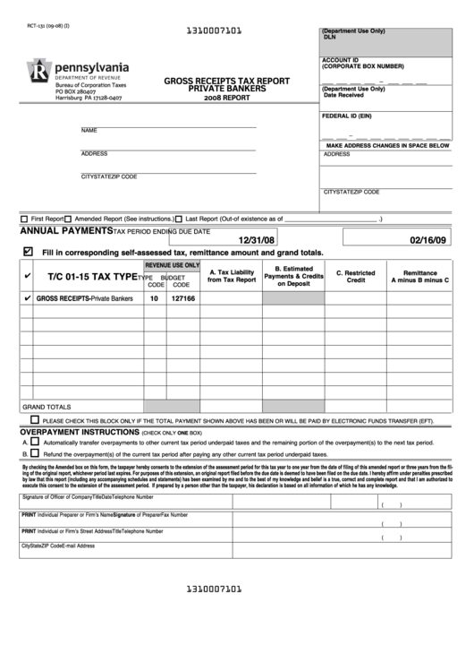 Form Rtc-131 - Gross Receipts Tax Report Private Bankers - Pennsylvania Department Of Revenue - 2008 Printable pdf