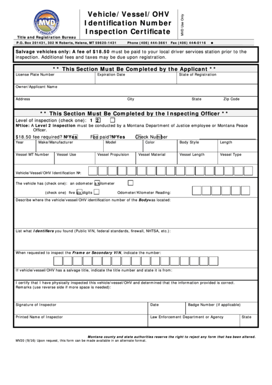 Fillable Form Mv20 - Vehicle/vessel/ohv Identification Number Inspection Certificate Printable pdf