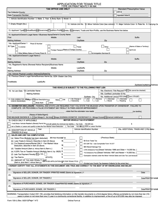 Fillable Form 130-U - Applications For Texas Title Printable pdf