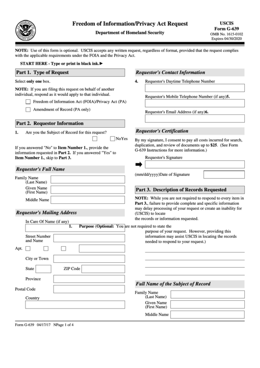 Fillable Form G-639 - Freedom Of Information/privacy Act Request - U.s. Department Of Homeland Security Printable pdf