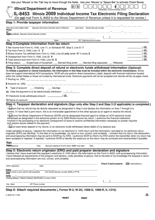 Fillable Form Il-8453 - Individual Income Tax Electronic Filing Declaration - 2009 Printable pdf