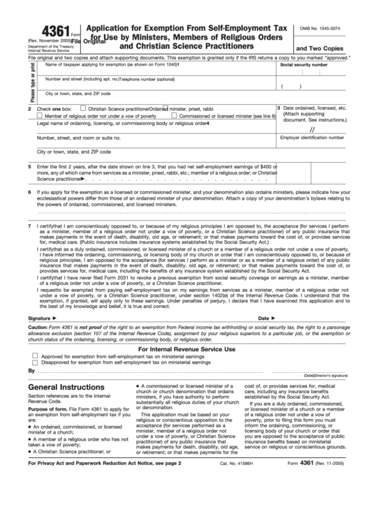 Fillable Form 4361 - Application For Exemption From Self-Employment Tax For Use By Ministers, Members Of Religious Orders And Christian Science Practitioners Printable pdf