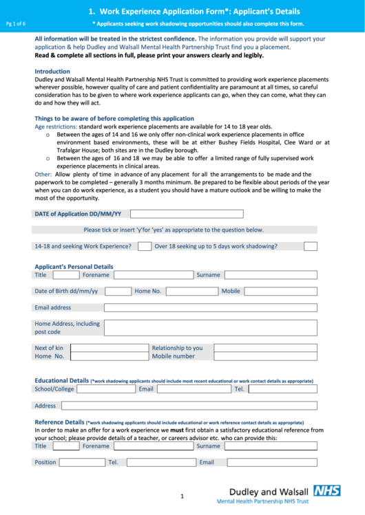 Work Experience Application Form Printable pdf