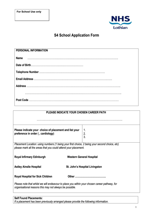 S4 School Application Form Printable pdf