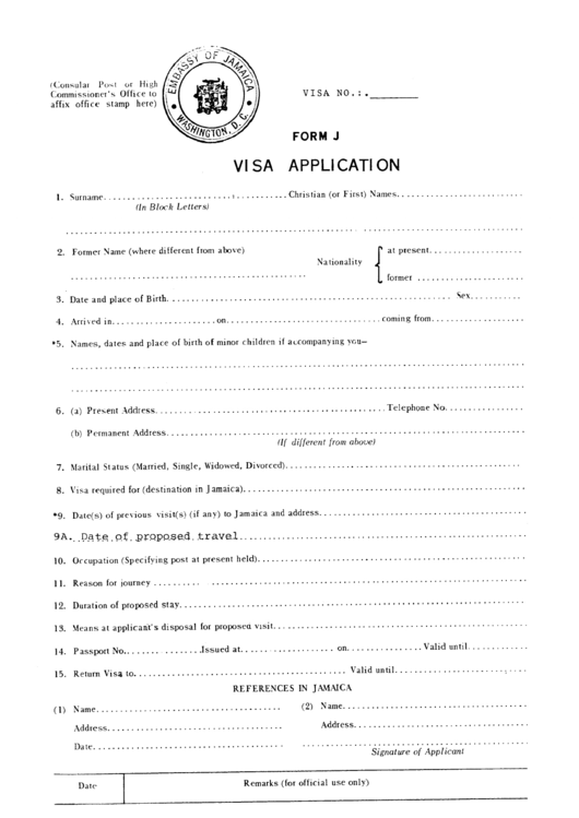 Form J - Visa Application Printable pdf