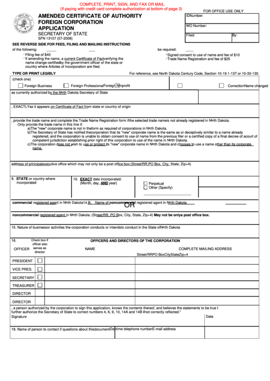 Fillable Form Sfn 13107 - Amended Certificate Of Authority Foreign Corporation Application Printable pdf