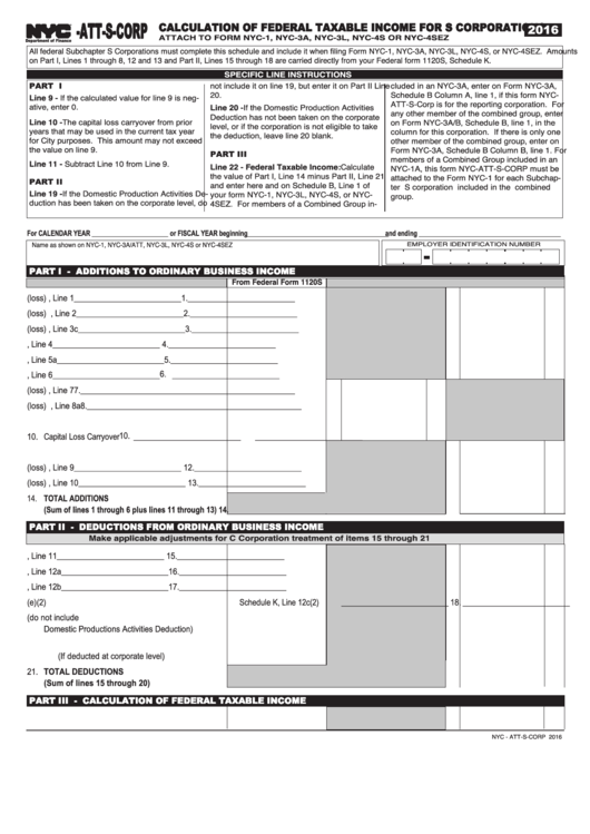Form Nyc-Att-S-Corp - Calculation Of Federal Taxable Income For S Corporations - New York Department Of Finance - 2016 Printable pdf