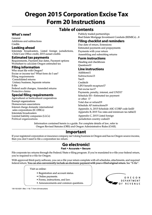 Oregon Corporation Excise Tax Form 20 Instructions - 2015 Printable pdf