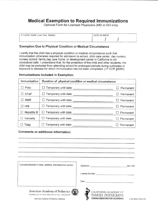 Medical Exemption To Required Immunizations Printable pdf