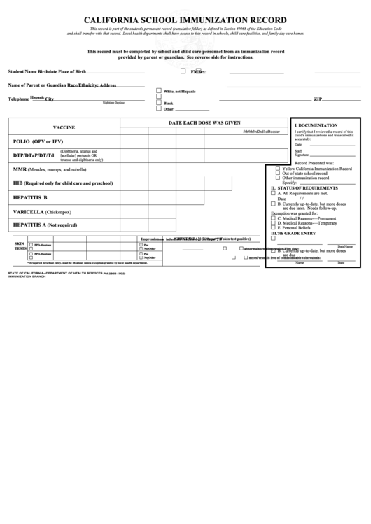 Fillable Form Pm 286b California School Immunization Record printable