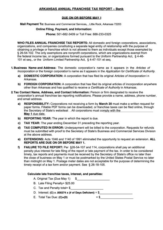 Arkansas Annual Franchise Tax Report - Bank Form - Arkansas Business And Commercial Services Printable pdf