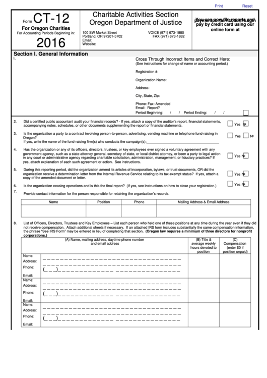 Fillable Form Ct-12 - Charitable Activities Section - 2016 Printable pdf